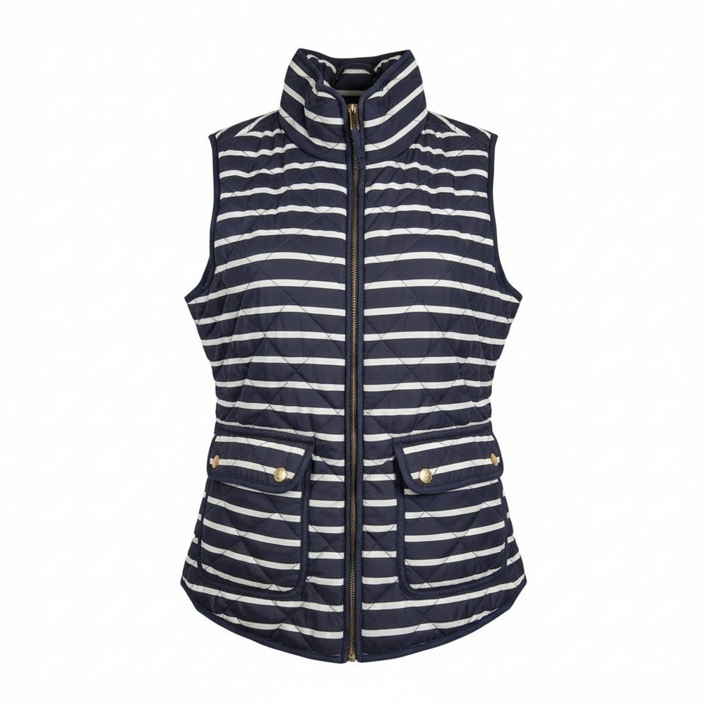 British Khaki Navy White Striped Quilted Puffer Vest Small Gold Buttons Preppy